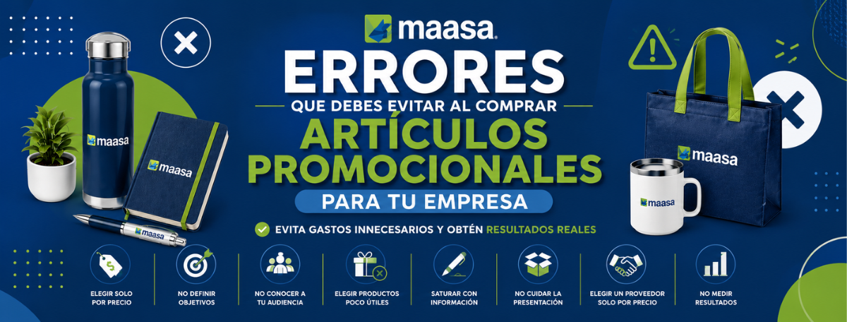 Banner sobre errores al comprar artículos promocionales para empresas, con productos corporativos y elementos visuales en colores institucionales de Maasa.