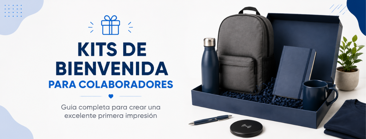 Banner de kits de bienvenida para colaboradores con mochila corporativa, termo, libreta, taza y accesorios promocionales personalizados para fortalecer la cultura organizacional y mejorar la experiencia de onboarding.