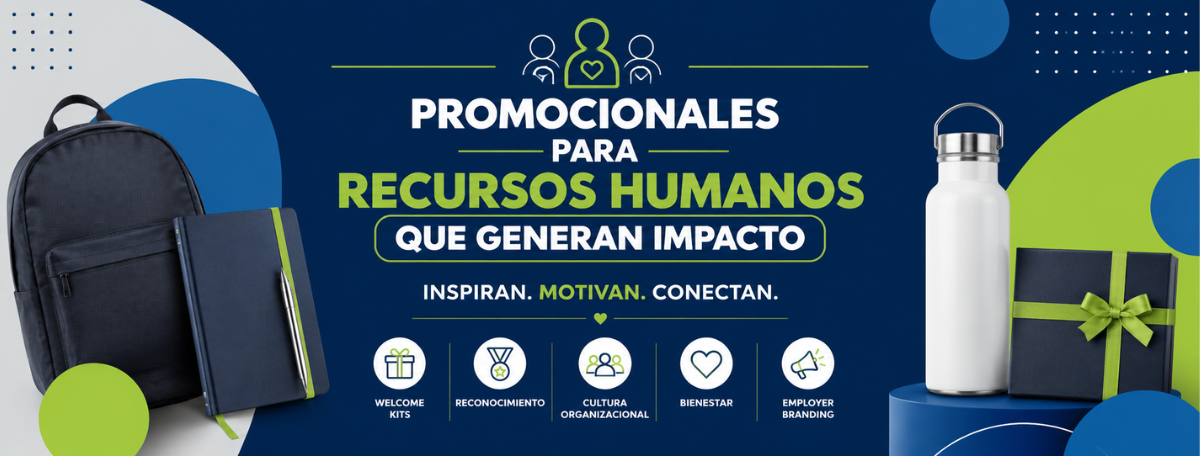 Artículos promocionales para Recursos Humanos con kits corporativos, termos y libretas personalizadas.