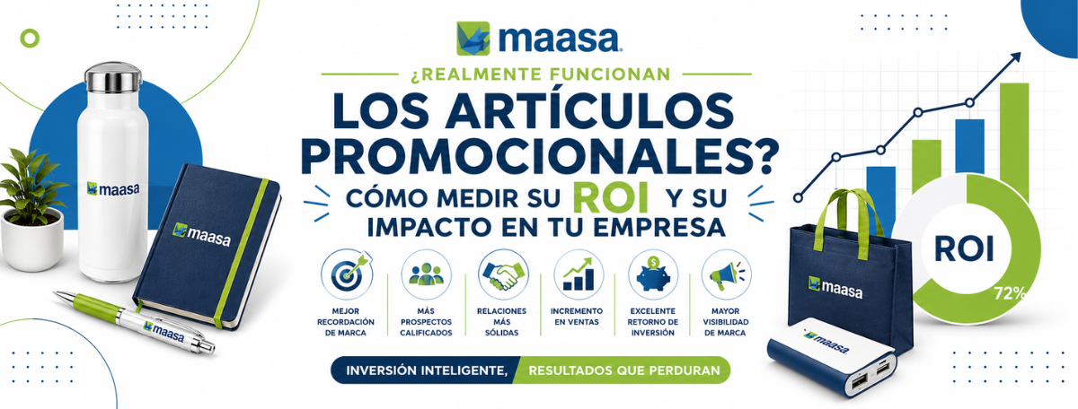 Banner de blog sobre ROI de artículos promocionales para empresas, con termos, libreta, bolsa corporativa y gráficos de crecimiento en colores corporativos de Maasa.