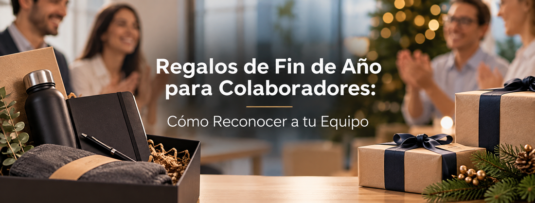 Regalos de fin de año para colaboradores en una oficina, con cajas de regalo corporativas y equipo celebrando la temporada.