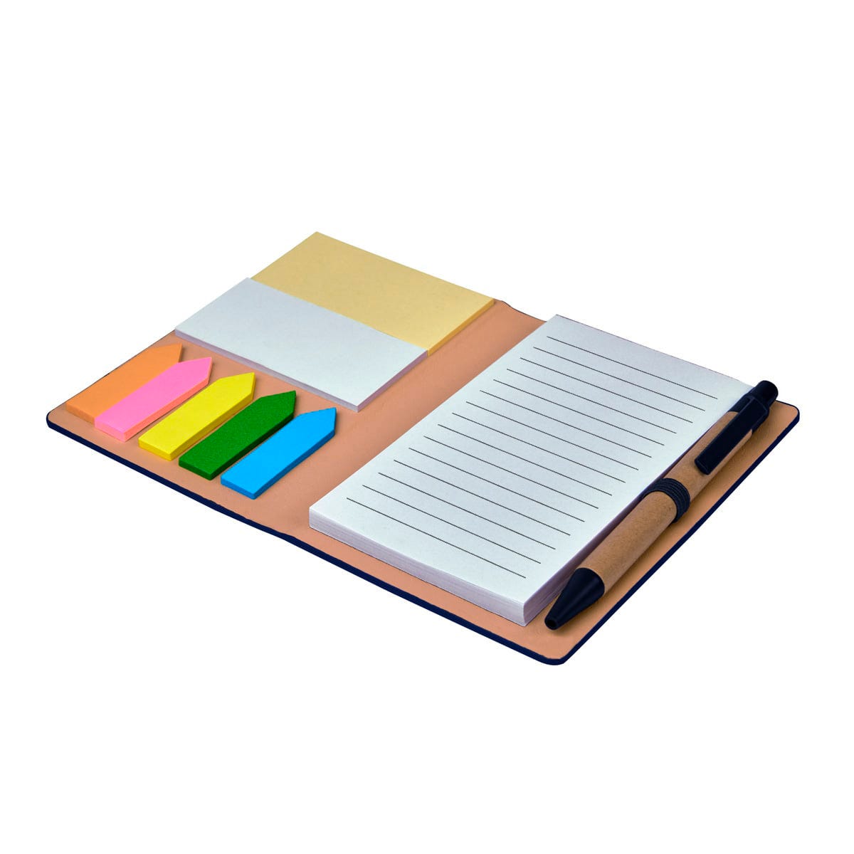 Libreta de curpiel personalizada con bolígrafo ecológico y notas adheribles de colores para empresas.