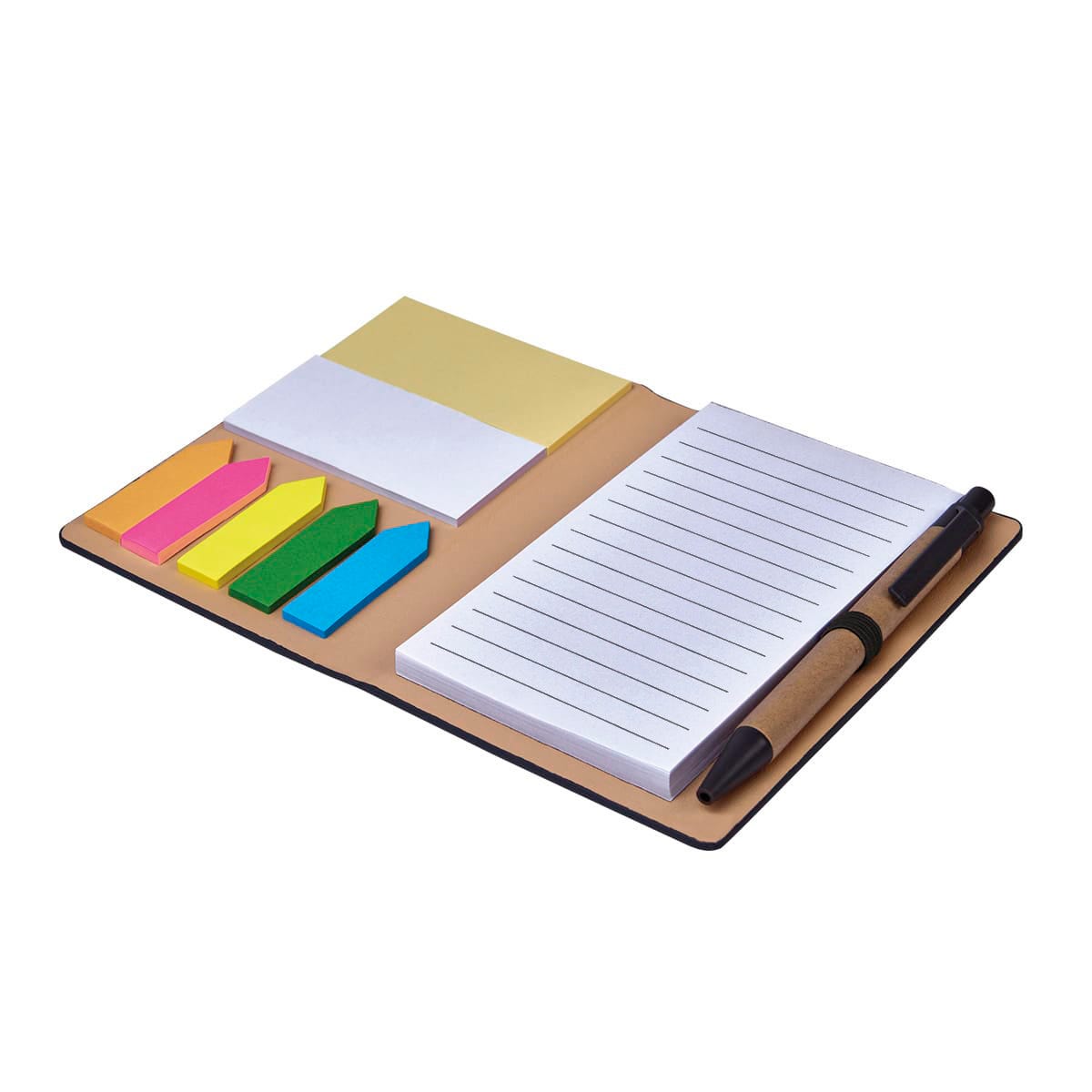 Libreta de curpiel personalizada con bolígrafo ecológico y notas adheribles de colores para empresas.