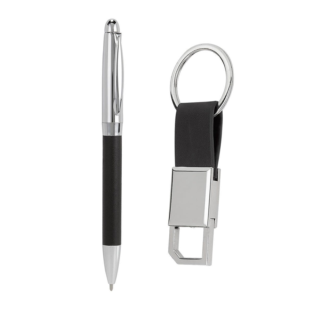 Kit ejecutivo personalizado con bolígrafo metálico, llavero de curpiel y caja de regalo para empresas.