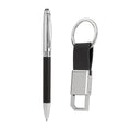 Kit ejecutivo personalizado con bolígrafo metálico, llavero de curpiel y caja de regalo para empresas.