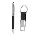Kit ejecutivo personalizado con bolígrafo metálico, llavero de curpiel y caja de regalo para empresas.