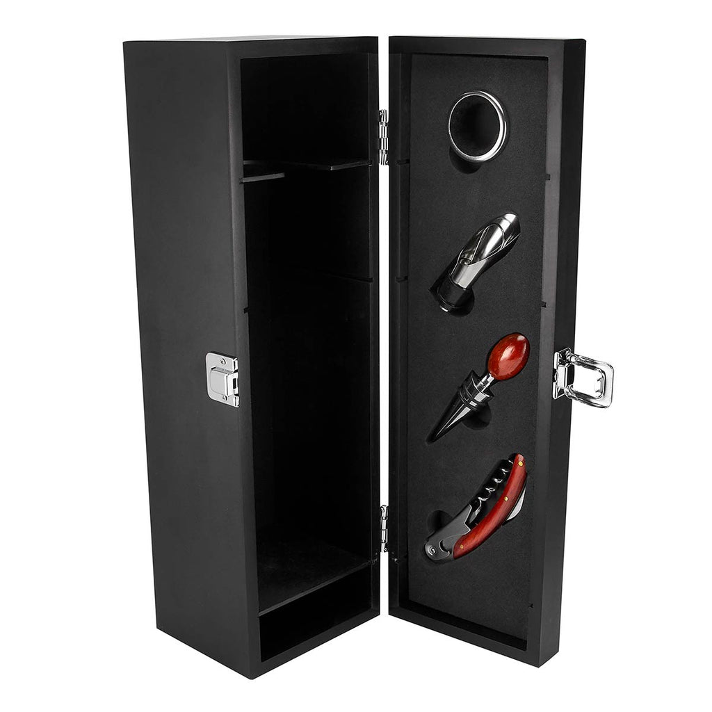 Estuche de madera para botella de vino con accesorios personalizado para regalos corporativos.