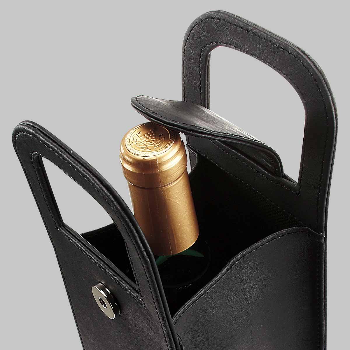 Bolsa de curpiel para botella de vino con asas y broche imantado personalizada para regalos corporativos.