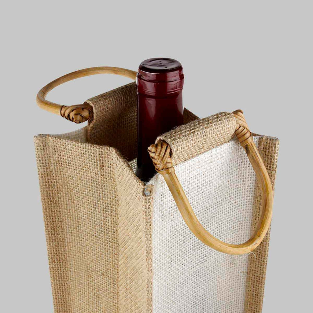 Bolsa de yute para botella de vino con asas de madera personalizada para regalos corporativos.