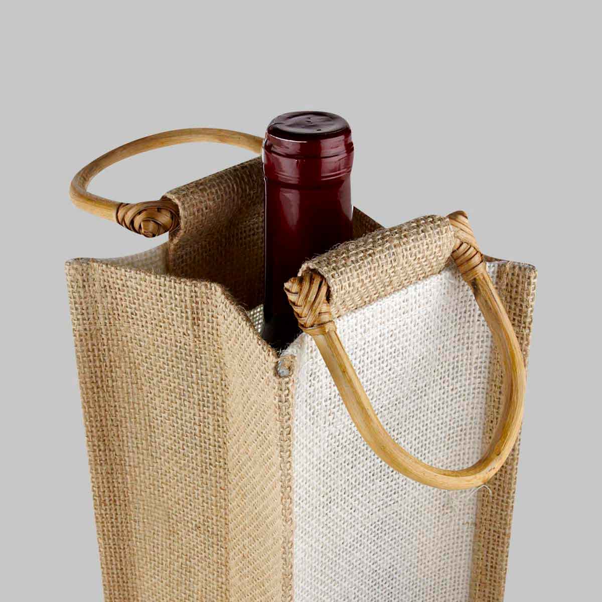 Bolsa de yute para botella de vino con asas de madera personalizada para regalos corporativos.