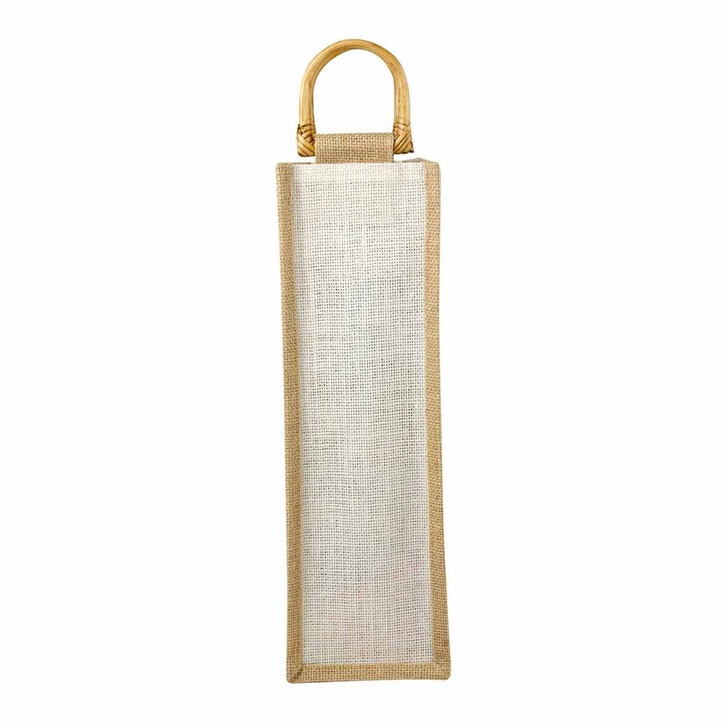 Bolsa de yute para botella de vino con asas de madera personalizada para regalos corporativos.