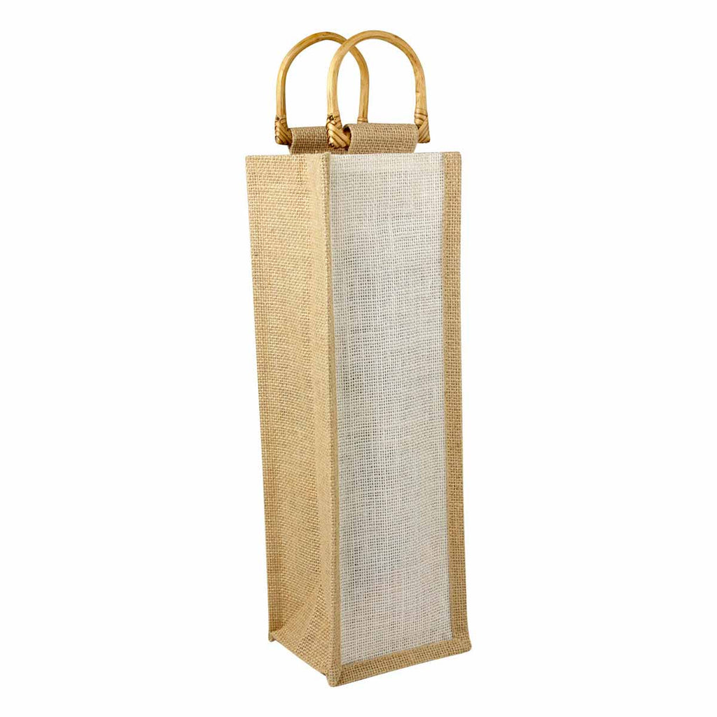 Bolsa de yute para botella de vino con asas de madera personalizada para regalos corporativos.