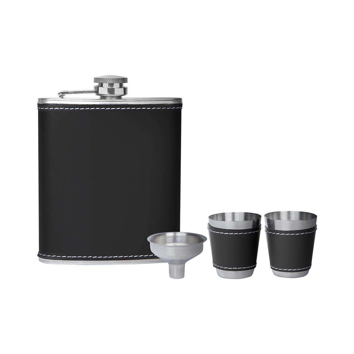 Set de licorera de acero inoxidable con vasos metálicos y caja de regalo personalizado para empresas.