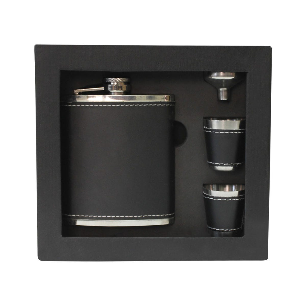 Set de licorera de acero inoxidable con vasos metálicos y caja de regalo personalizado para empresas.