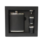 Set de licorera de acero inoxidable con vasos metálicos y caja de regalo personalizado para empresas.