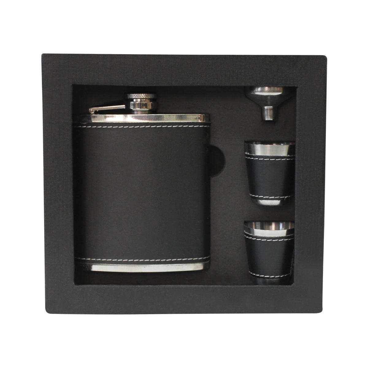 Set de licorera de acero inoxidable con vasos metálicos y caja de regalo personalizado para empresas.