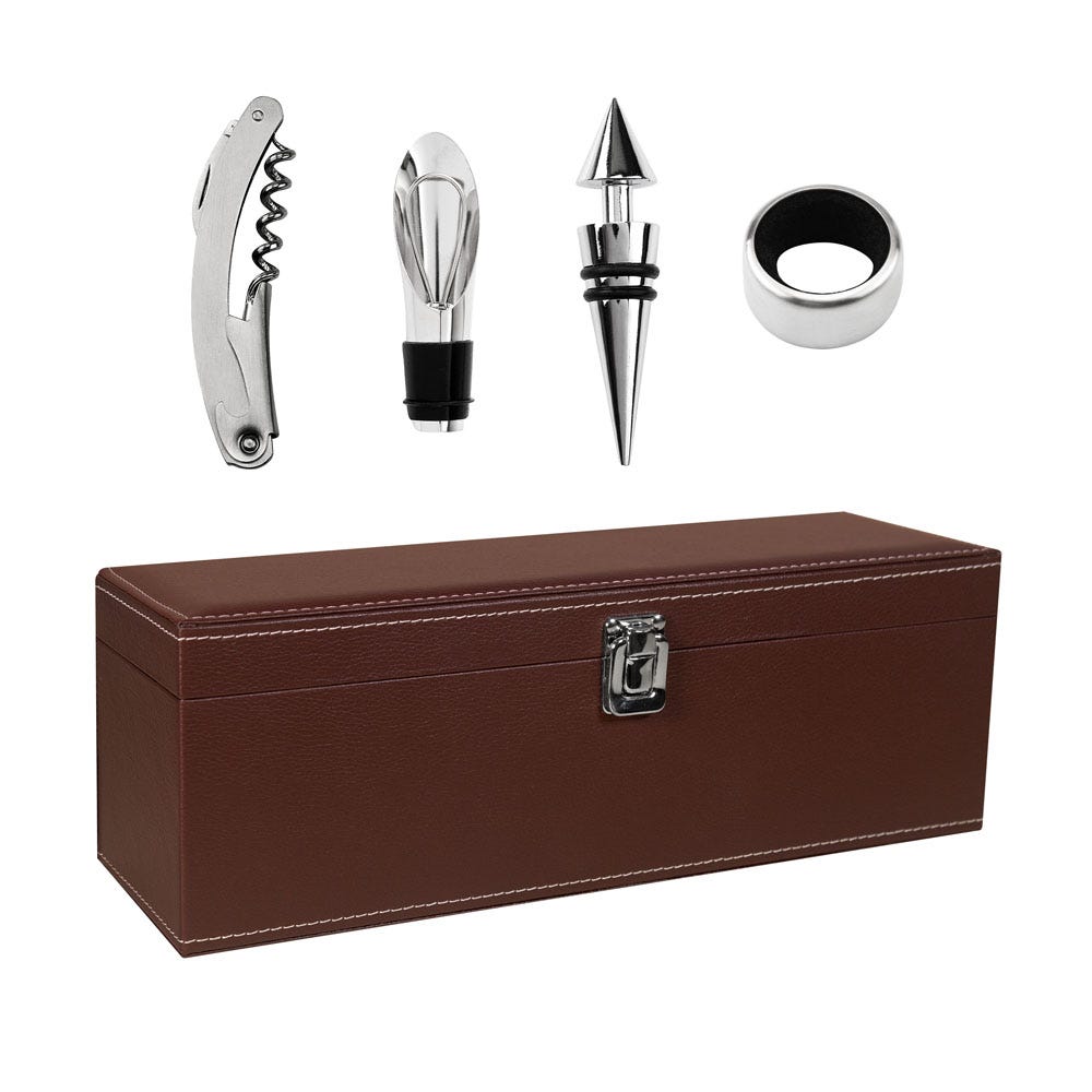 Kit para vino en estuche de curpiel con accesorios personalizado para regalos corporativos.
