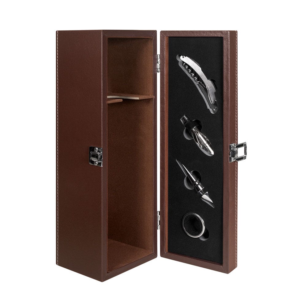 Kit para vino en estuche de curpiel con accesorios personalizado para regalos corporativos.