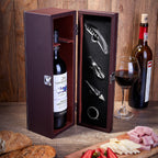 Kit para vino en estuche de curpiel con accesorios personalizado para regalos corporativos.