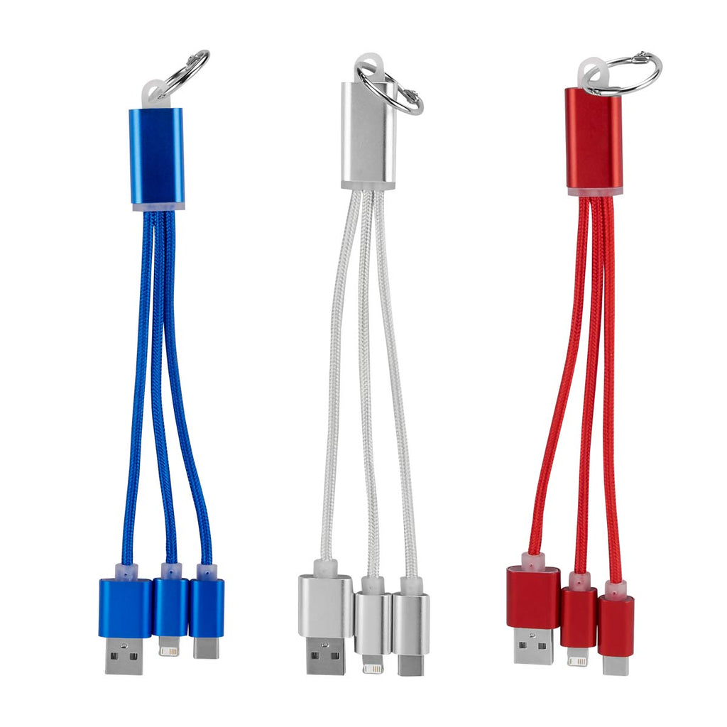Cable cargador multi conector personalizado compatible con USB, micro USB, tipo C y 8 pin para empresas.