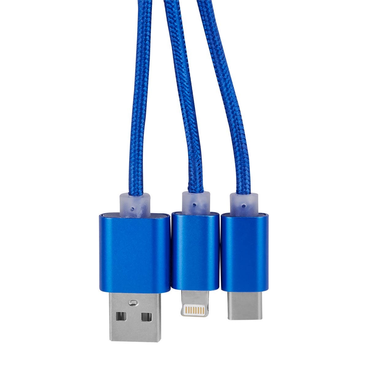 Cable cargador multi conector personalizado compatible con USB, micro USB, tipo C y 8 pin para empresas.