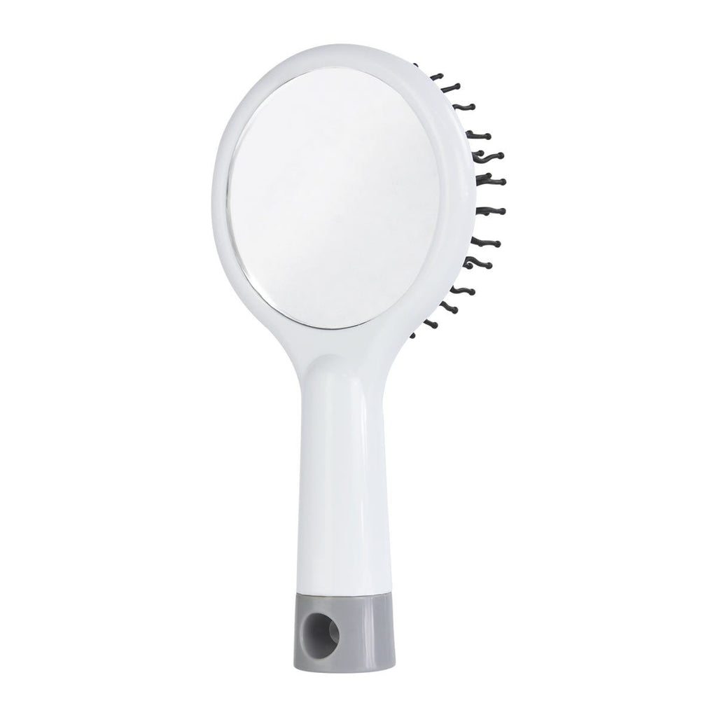 Cepillo para cabello anti-frizz con masajeador y espejo integrado, personalizado para marcas de belleza.