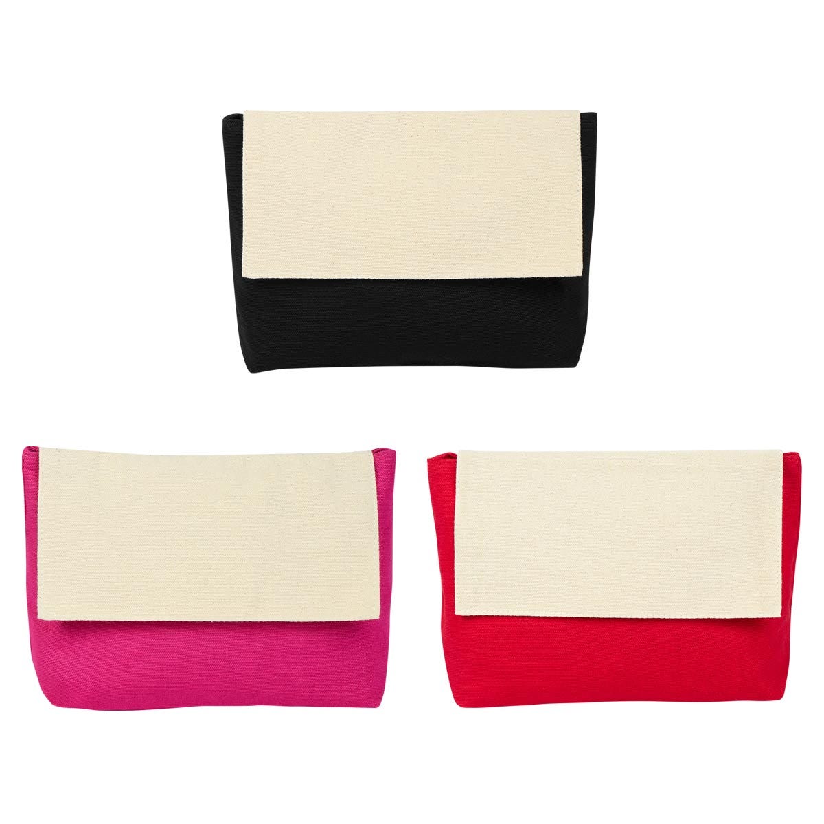 Cosmetiquera de algodón de 24 x 15 cm con cierre de velcro y área de personalización para empresas.