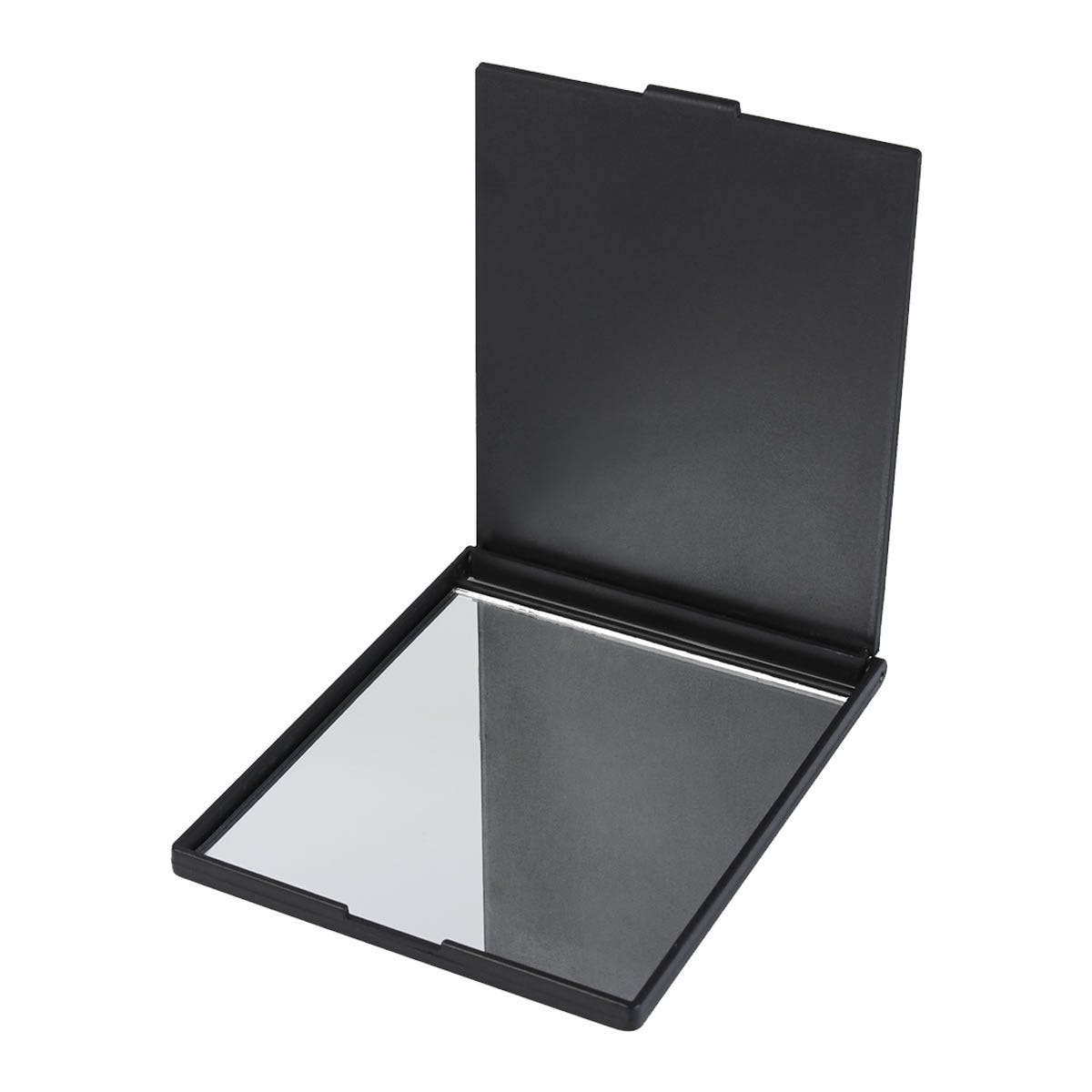 Espejo rectangular de bolsillo con tapa abatible que funciona como base, personalizable para marcas de belleza.