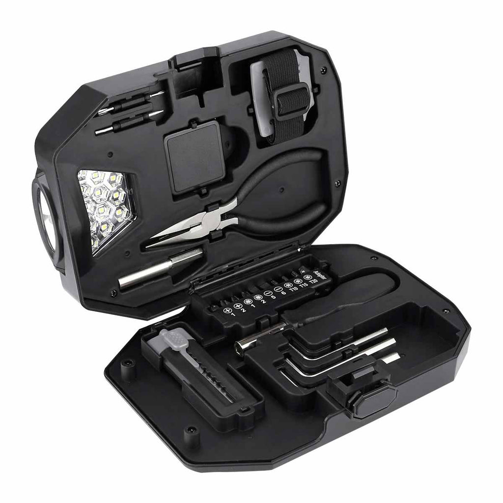 Kit de herramientas multifuncional con lámpara LED y estuche personalizado para empresas.