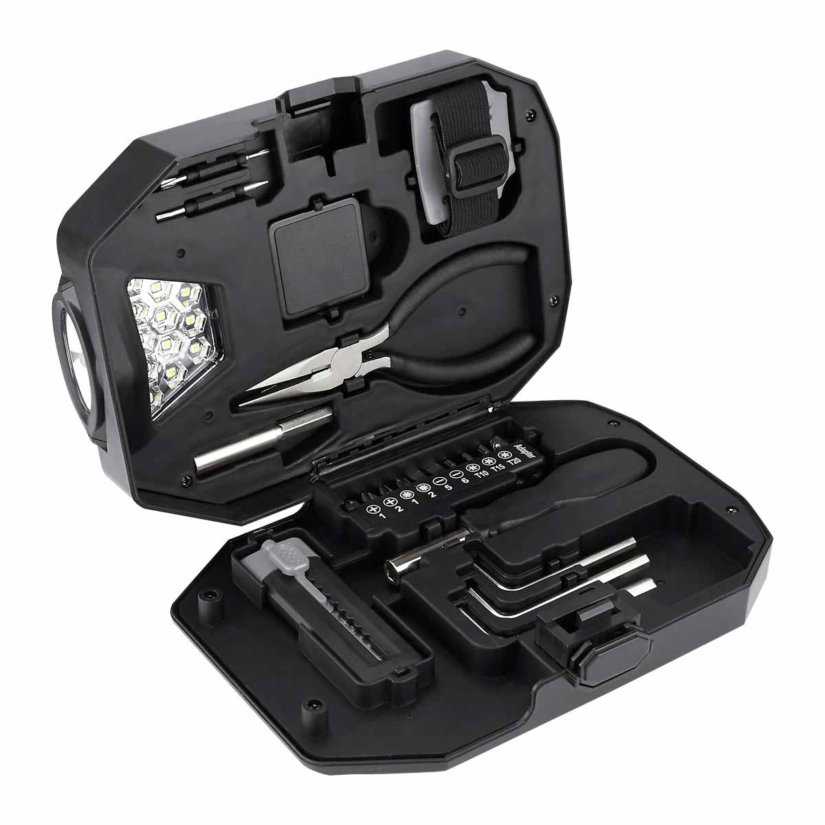 Kit de herramientas multifuncional con lámpara LED y estuche personalizado para empresas.