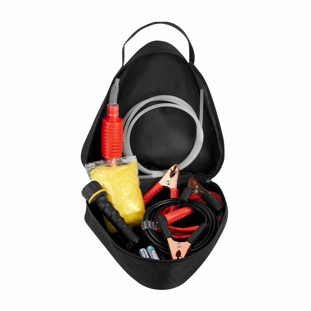Kit de emergencia para automóvil con cables pasa corriente, linterna y poncho personalizado para empresas.