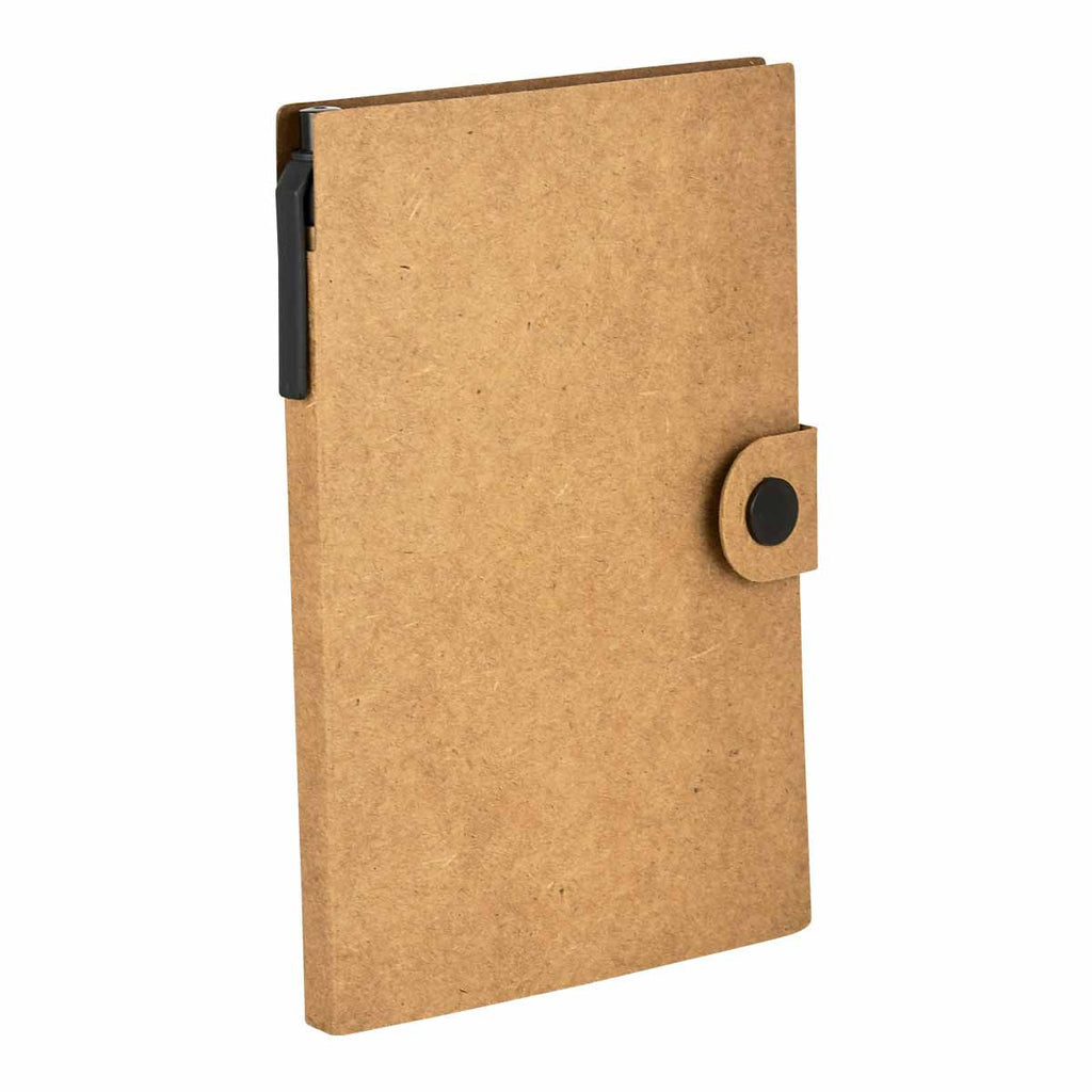 Libreta ecológica personalizada con bolígrafo, notas adhesivas y banderillas de colores para empresas.