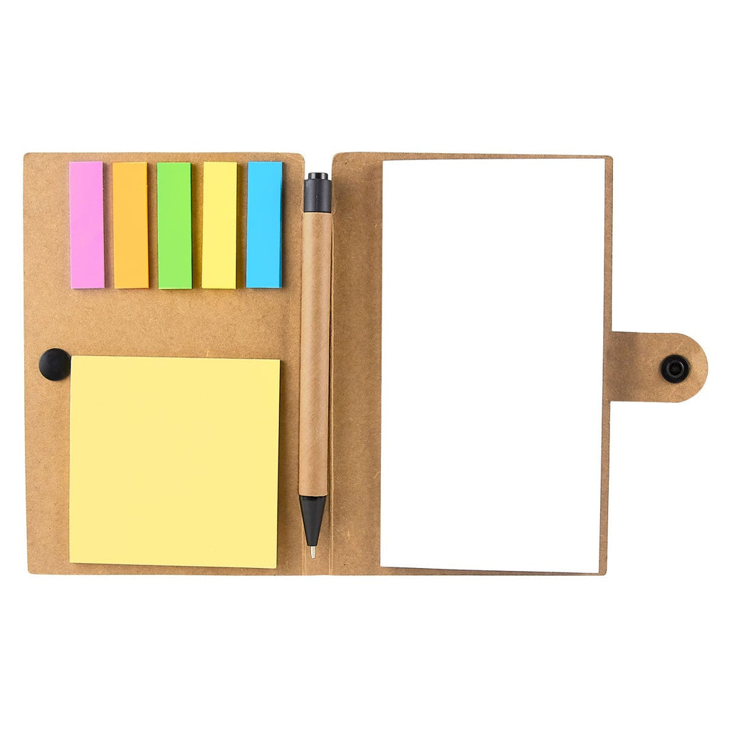 Libreta ecológica personalizada con bolígrafo, notas adhesivas y banderillas de colores para empresas.
