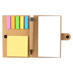 Libreta ecológica personalizada con bolígrafo, notas adhesivas y banderillas de colores para empresas.
