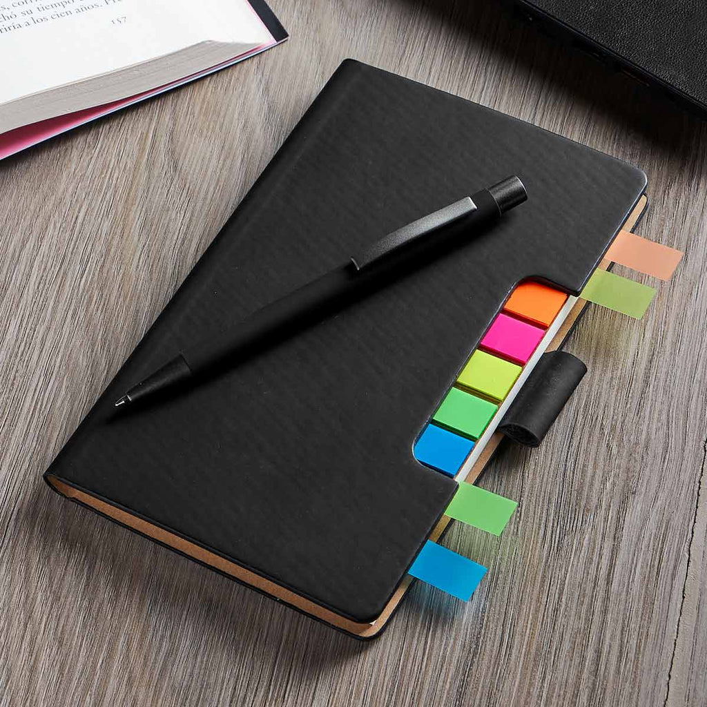 Libreta ejecutiva personalizada con bolígrafo, notas adhesivas de colores y cubierta de curpiel para empresas | Maasa