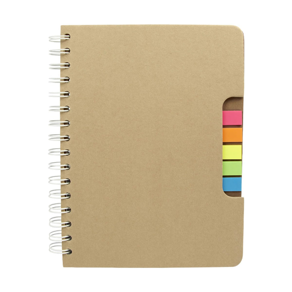 Libreta ecológica personalizada con 100 hojas, bolígrafo y banderillas de colores para empresas.