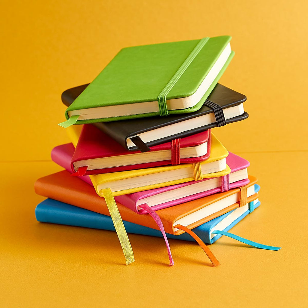 Libreta ejecutiva de curpiel personalizada con 80 hojas, separador y cierre elástico para empresas.