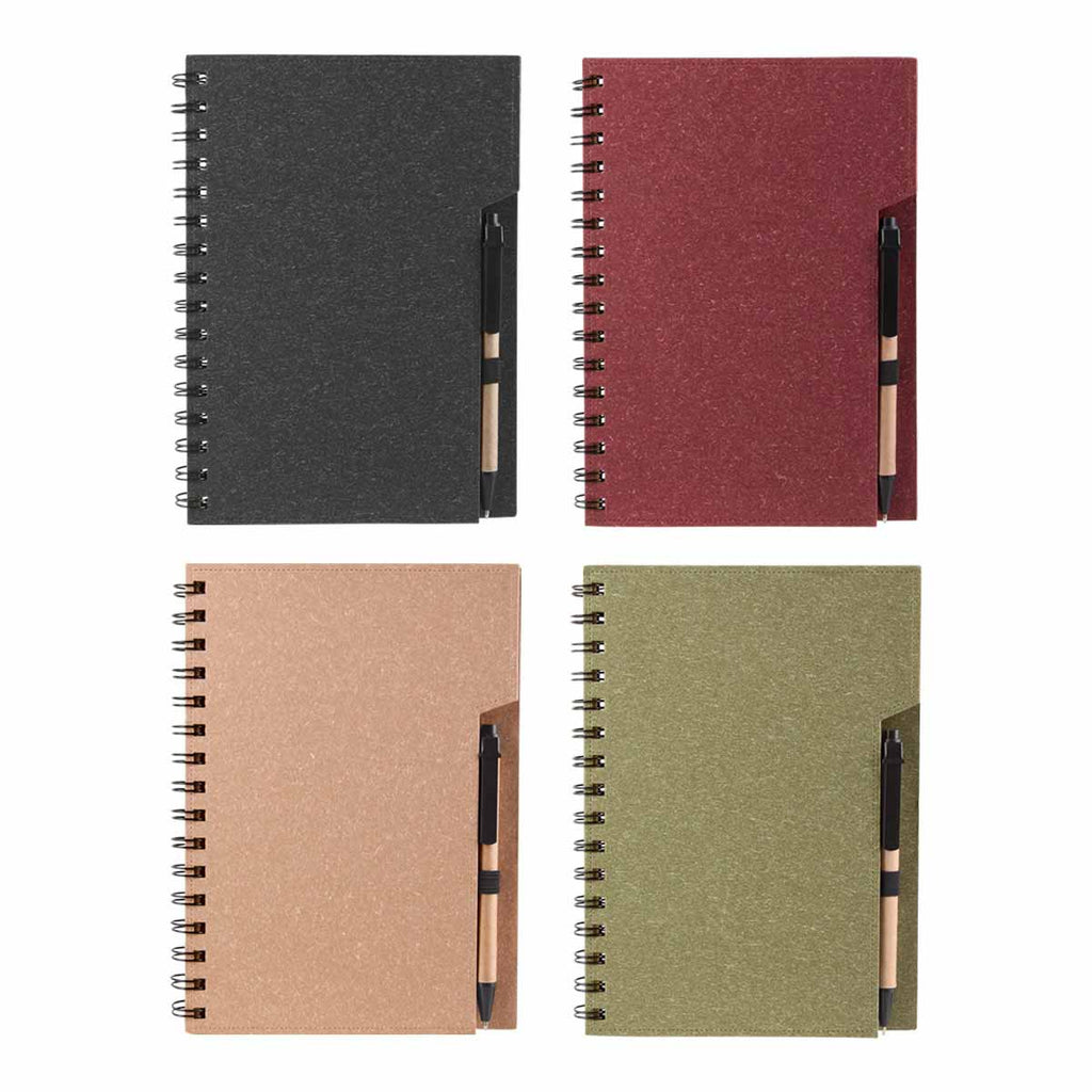 Libreta de papel reciclado personalizada con bolígrafo ecológico y espiral metálico para empresas.
