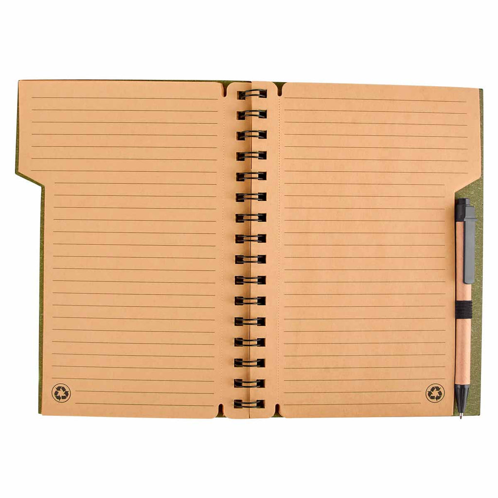 Libreta de papel reciclado personalizada con bolígrafo ecológico y espiral metálico para empresas.