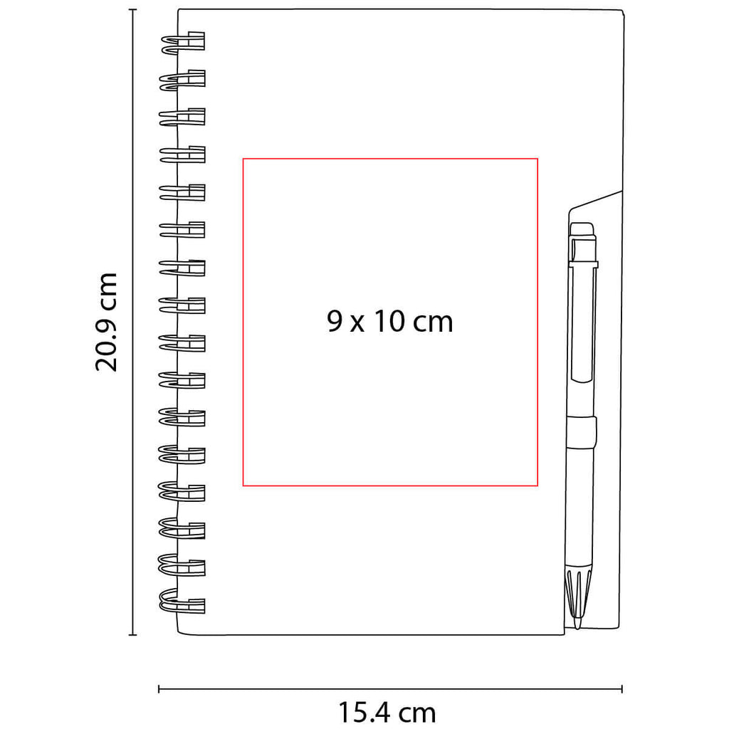 Libreta de papel reciclado personalizada con bolígrafo ecológico y espiral metálico para empresas.