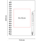 Libreta de papel reciclado personalizada con bolígrafo ecológico y espiral metálico para empresas.