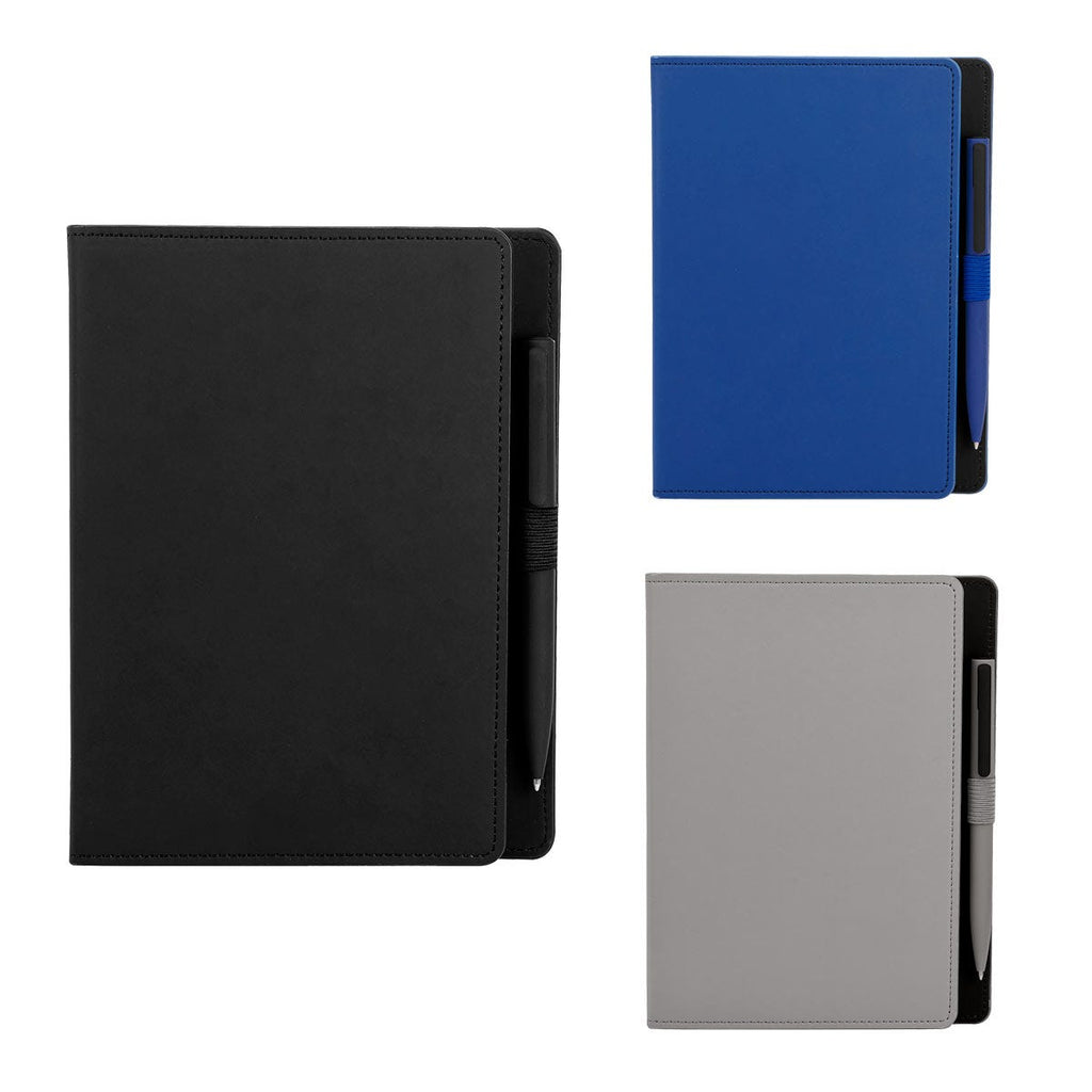 Libreta de curpiel personalizada con 80 hojas y bolígrafo con terminado rubber para empresas