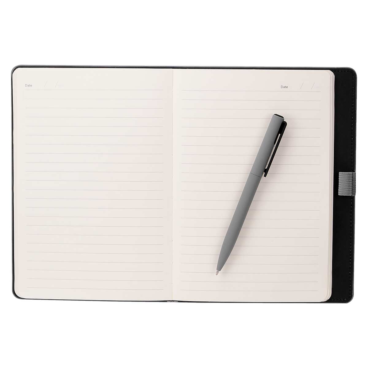 Libreta de curpiel personalizada con 80 hojas y bolígrafo con terminado rubber para empresas