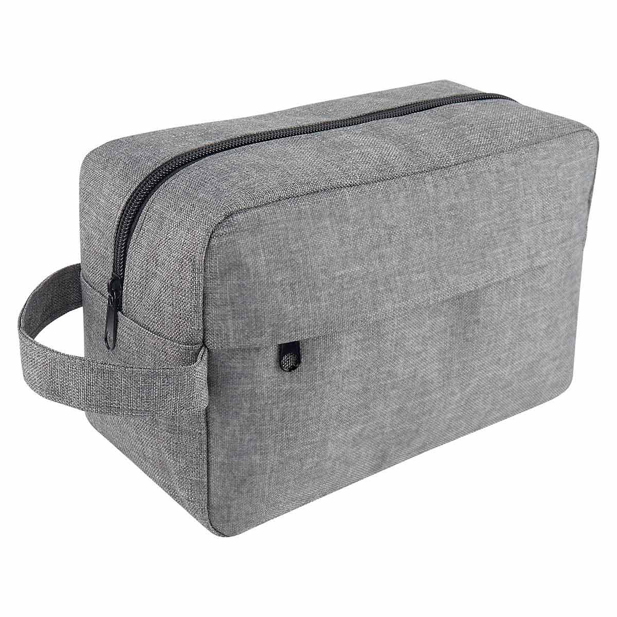 Neceser de viaje de poliéster personalizado con asa y compartimentos con cierre para empresas.