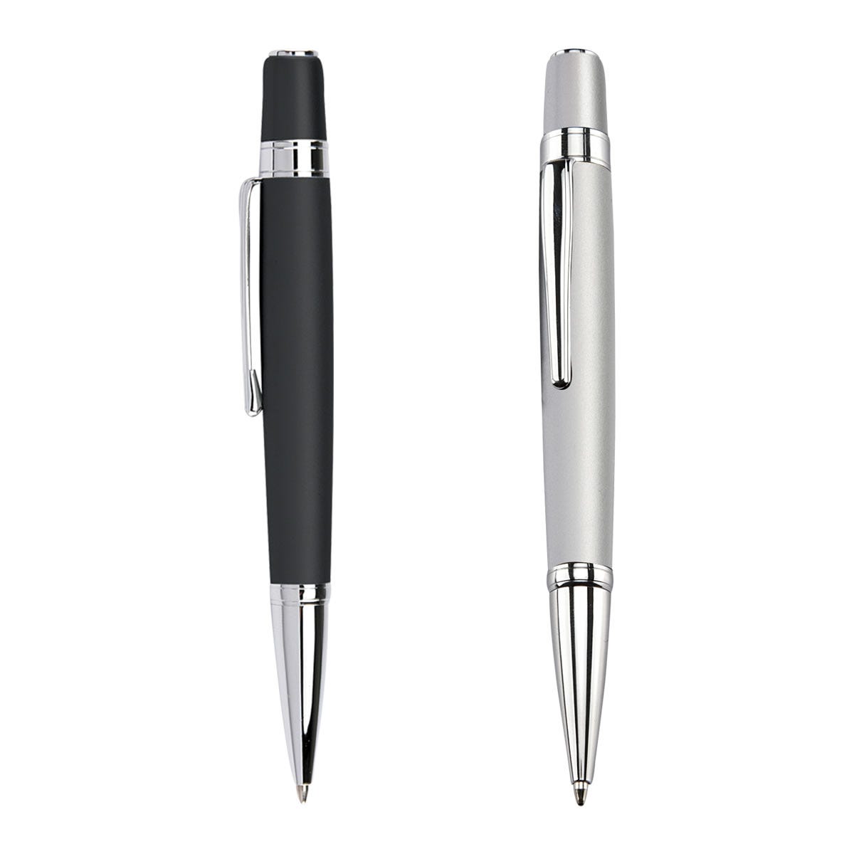 Bolígrafo ejecutivo de acero inoxidable personalizado con mecanismo twist y estuche para empresas.
