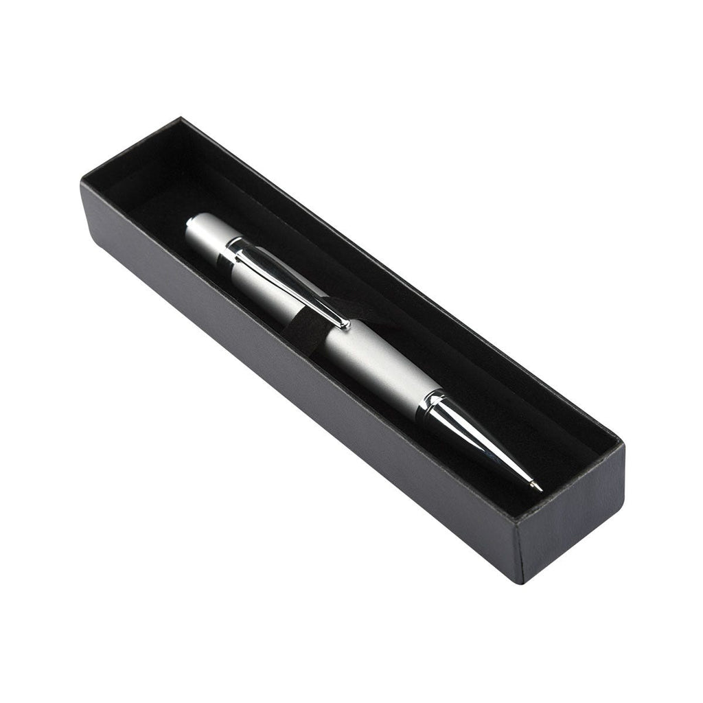 Bolígrafo ejecutivo de acero inoxidable personalizado con mecanismo twist y estuche para empresas.