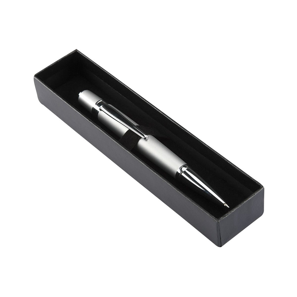 Bolígrafo ejecutivo de acero inoxidable personalizado con mecanismo twist y estuche para empresas.