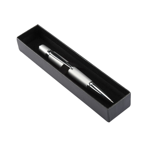 Bolígrafo ejecutivo de acero inoxidable personalizado con mecanismo twist y estuche para empresas.