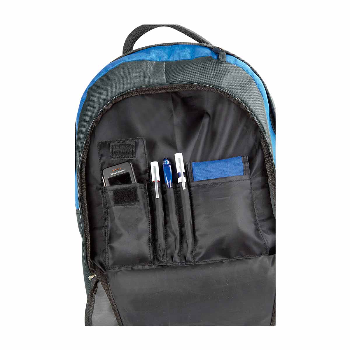 Mochila escolar personalizada para empresas con compartimento para laptop de 14 pulgadas y organizador frontal para accesorios.
