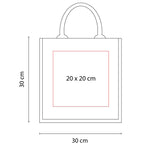 Bolsa de yute personalizada con fuelle, interior plastificado y asas redondeadas para promociones empresariales.